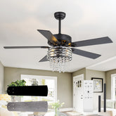 52" Crystal Chandelier Ceiling Fan with Light, Matte Black Finish, 5 Reversible Blades, Dual E26 Bulb Sockets (Bulbs Not Included), Quiet Energy-Saving DC Motor, 6 Speeds with Timer, Remote Control, 5“ and 10”Downrods Included, Forward/Reverse Airflow